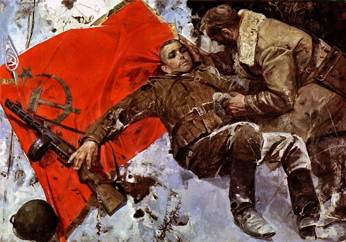 Солдаты живые и мертвые. Гелий Михайлович Коржев поднимающий Знамя.